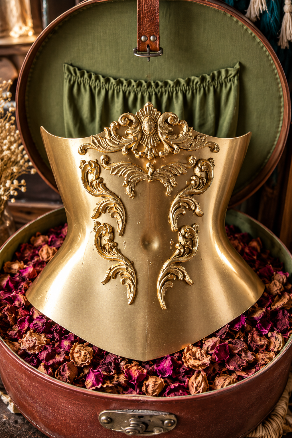 Ornate gold sculptural waist armor corset