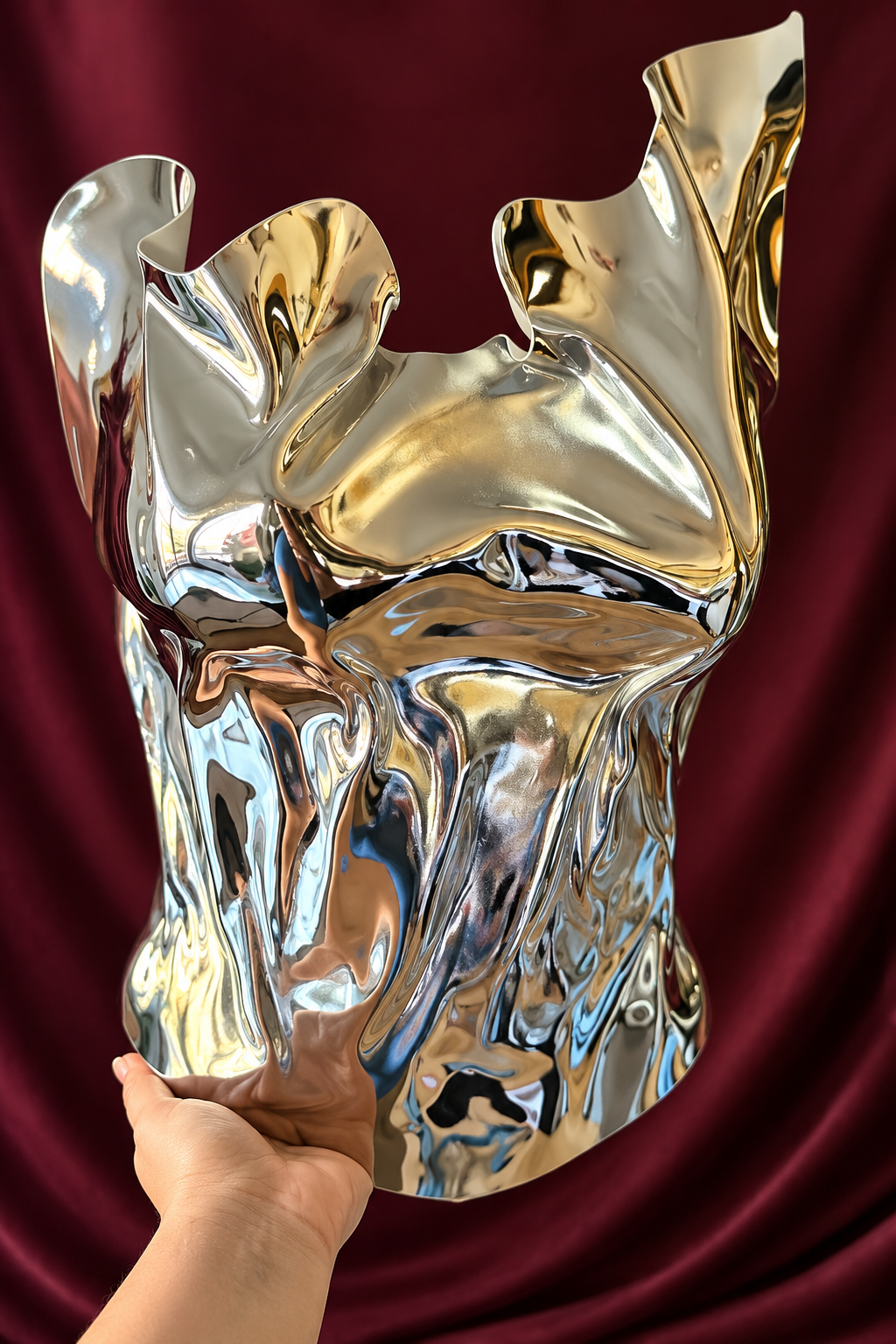 Reflective silver sculptural armor corset