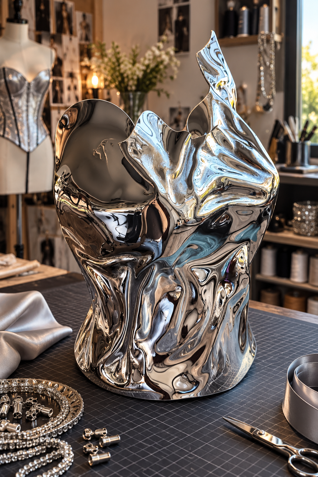 Hand-shaped silver mirror corset in an artist studio